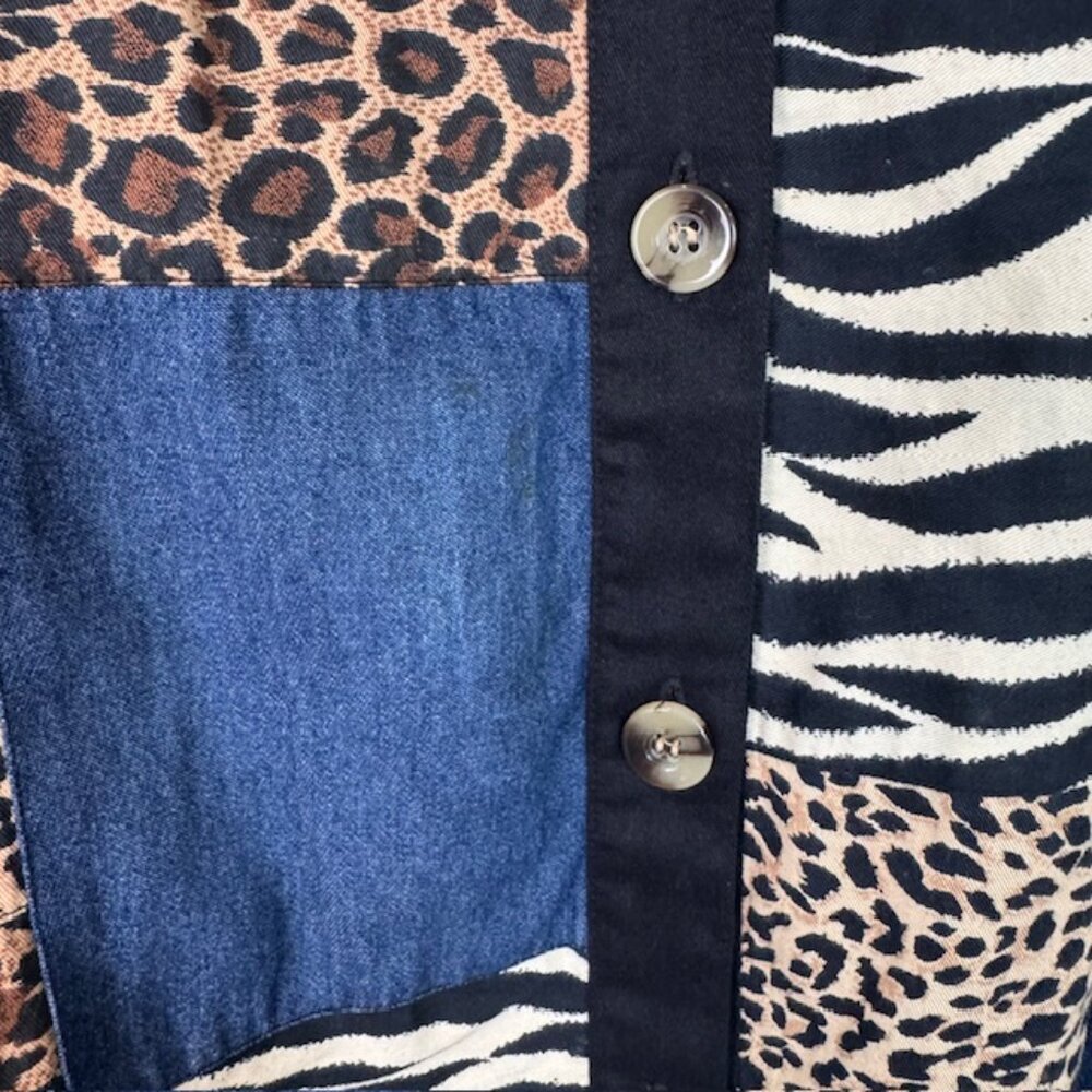 Animal Print Patchwork Shacket | Zebra & Leopard Print | Denim Look | Size 1X/2X - Picture 7 of 9